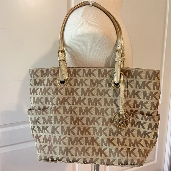Michael Kors Jet Set Signature Logo Tote Handbag Large Brown Side Pockets - Picture 1 of 16